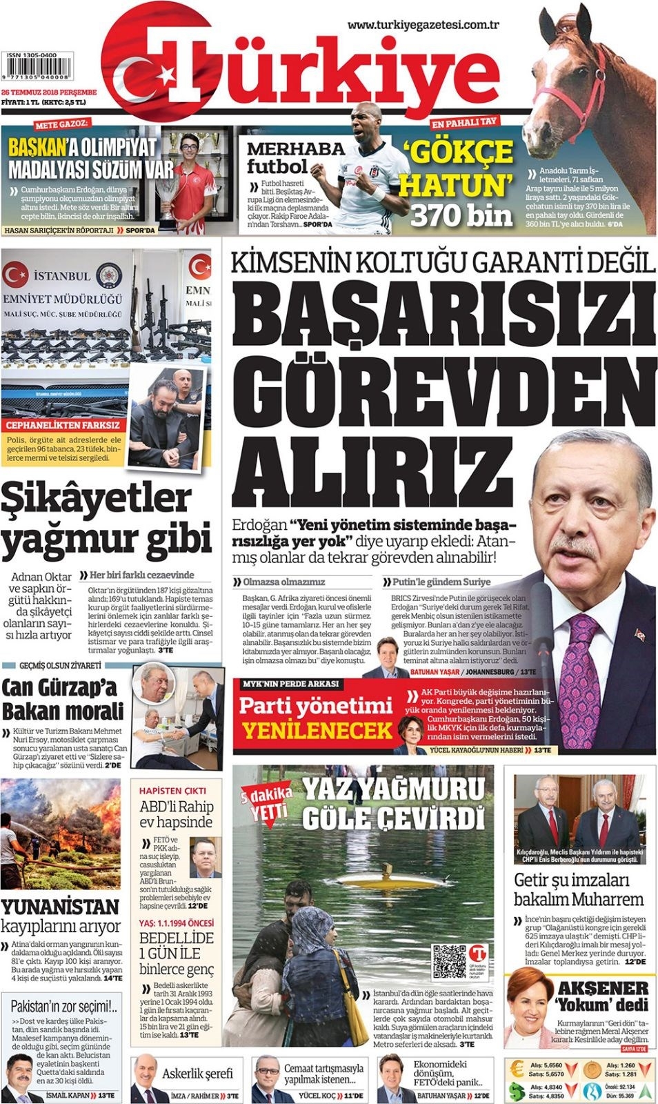 26 Temmuz 2018 Gazete manşetleri Hürriyet - Posta - Sabah 5