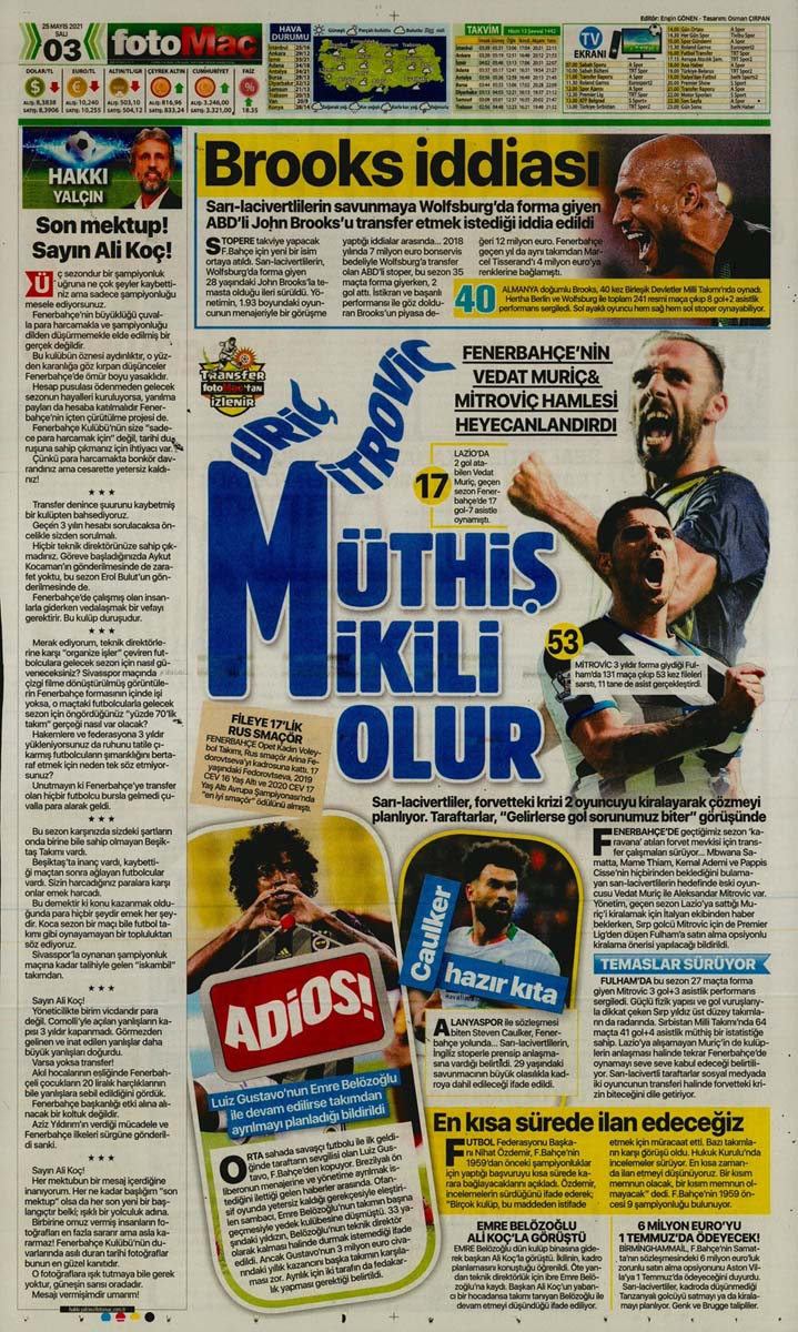 25 Mayıs 2021 Salı günün spor manşetleri | Fenerbahçe, Galatasaray, Beşiktaş ve Trabzonspor'dan haberler 1