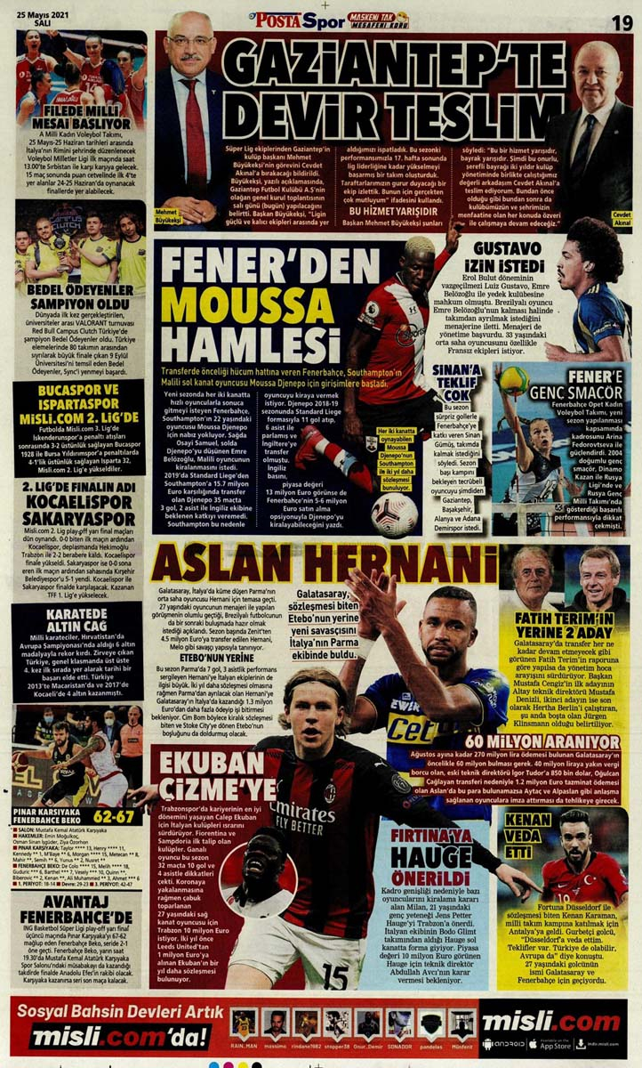 25 Mayıs 2021 Salı günün spor manşetleri | Fenerbahçe, Galatasaray, Beşiktaş ve Trabzonspor'dan haberler 9