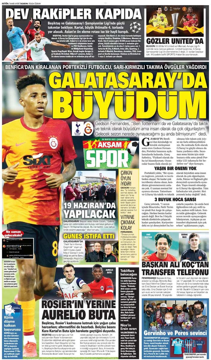 26 Mayıs 2021 Çarşamba günün spor manşetleri | Fenerbahçe, Galatasaray, Beşiktaş ve Trabzonspor'dan transfer haberler 7