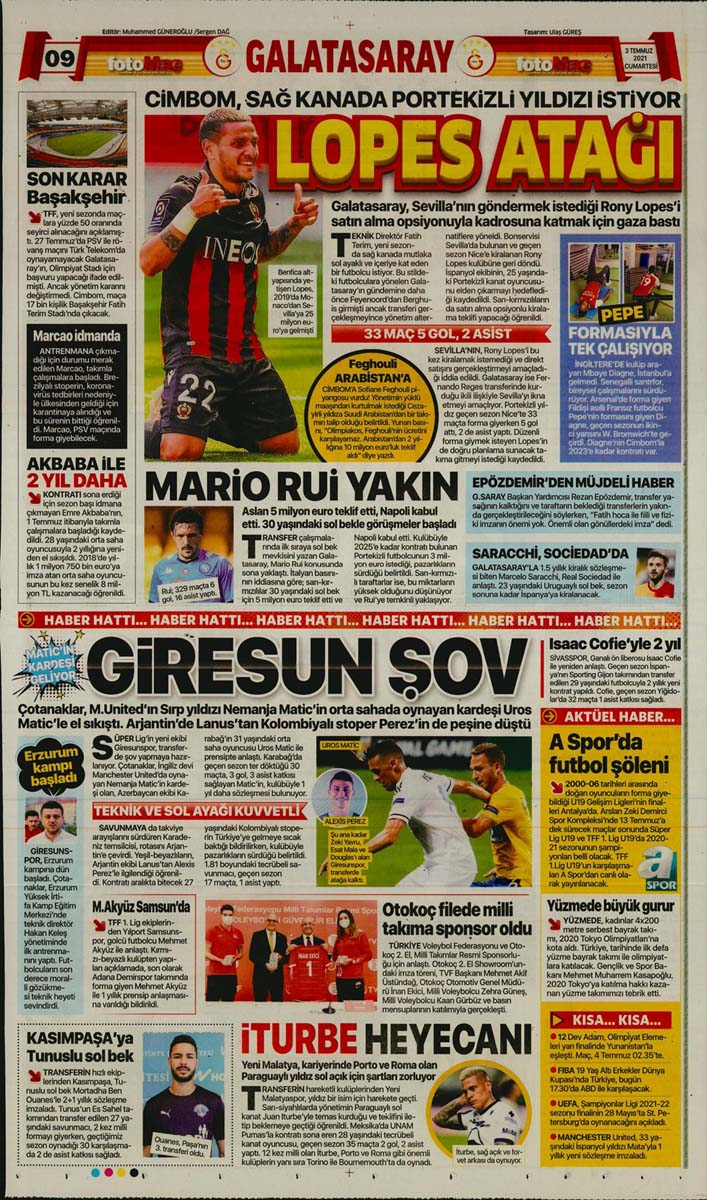 3 Temmuz 2021 Cumartesi bugünün spor manşetleri! Fenerbahçe'de Pereira dönemi, Beşiktaş'ta gündem transfer 20