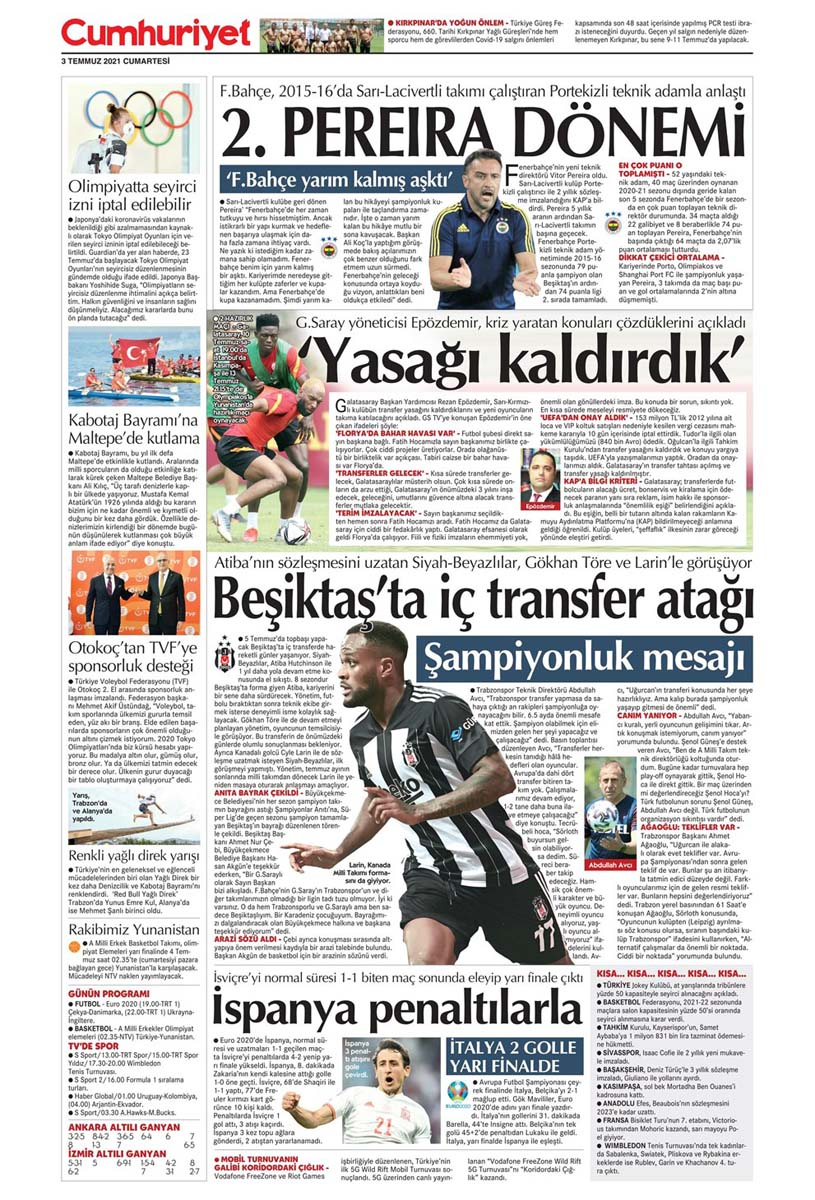 3 Temmuz 2021 Cumartesi bugünün spor manşetleri! Fenerbahçe'de Pereira dönemi, Beşiktaş'ta gündem transfer 26