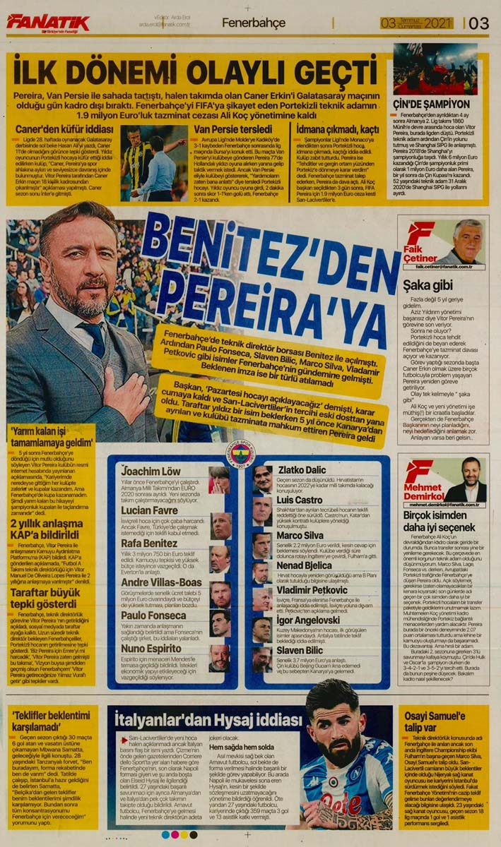 3 Temmuz 2021 Cumartesi bugünün spor manşetleri! Fenerbahçe'de Pereira dönemi, Beşiktaş'ta gündem transfer 5