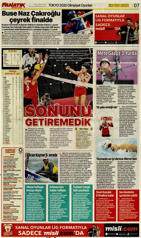 30 Temmuz 2021 Cuma bugünün spor manşetleri | Olimpiyat mücadelemiz devam ediyor 20