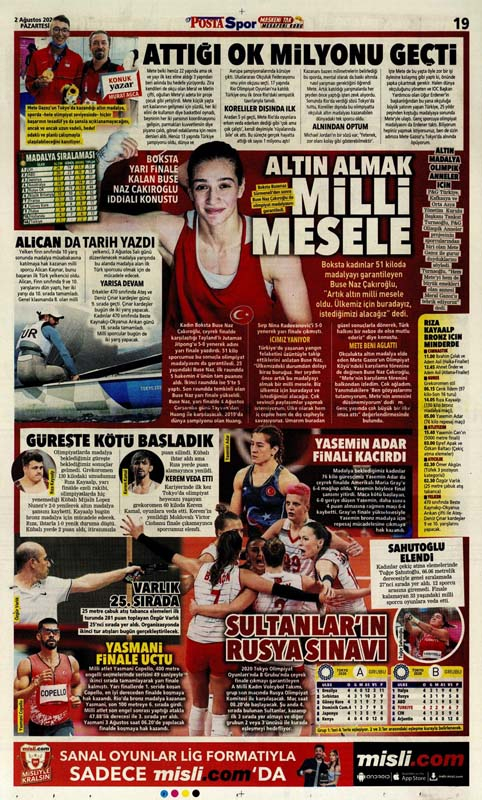 2 Ağustos 2021 Pazartesi günün spor manşetleri | Millilerimiz Olimpiyatlarda ses getiriyor 2