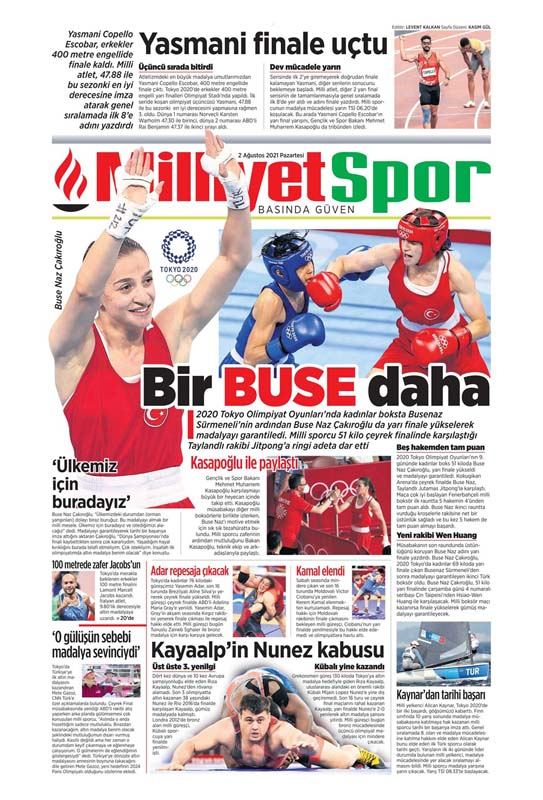 2 Ağustos 2021 Pazartesi günün spor manşetleri | Millilerimiz Olimpiyatlarda ses getiriyor 26