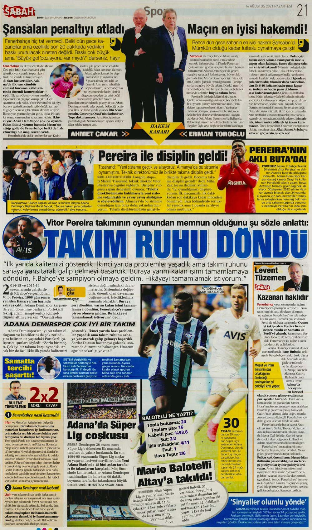 16 Ağustos 2021 Pazartesi günün spor manşetleri | Fenerbahçe zorlu deplasmanda hata yapmadı! 21