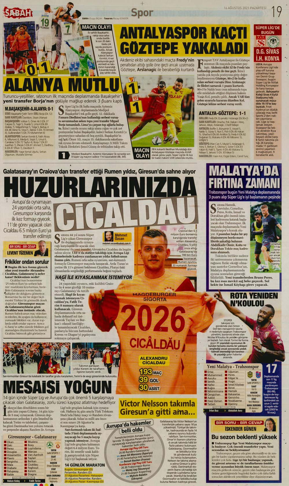 16 Ağustos 2021 Pazartesi günün spor manşetleri | Fenerbahçe zorlu deplasmanda hata yapmadı! 9