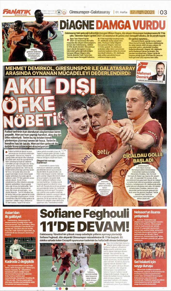 Günün spor gazete manşetleri 17 Ağustos 2021 Salı | Fenerbahçe, Galatasaray, Trabzonspor ve Beşiktaş'tan haberler 3