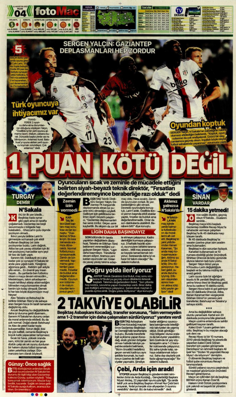 22 Ağustos 2021 Pazar günün spor manşetleri | Beşiktaş, Gaziantep'te kan kaybetti! 6