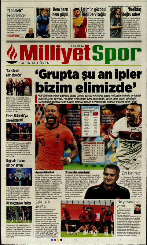 7 Eylül 2021 Salı günün spor manşetleri | Milliler final niteliğindeki Hollanda deplasmanına çıkıyor! 24