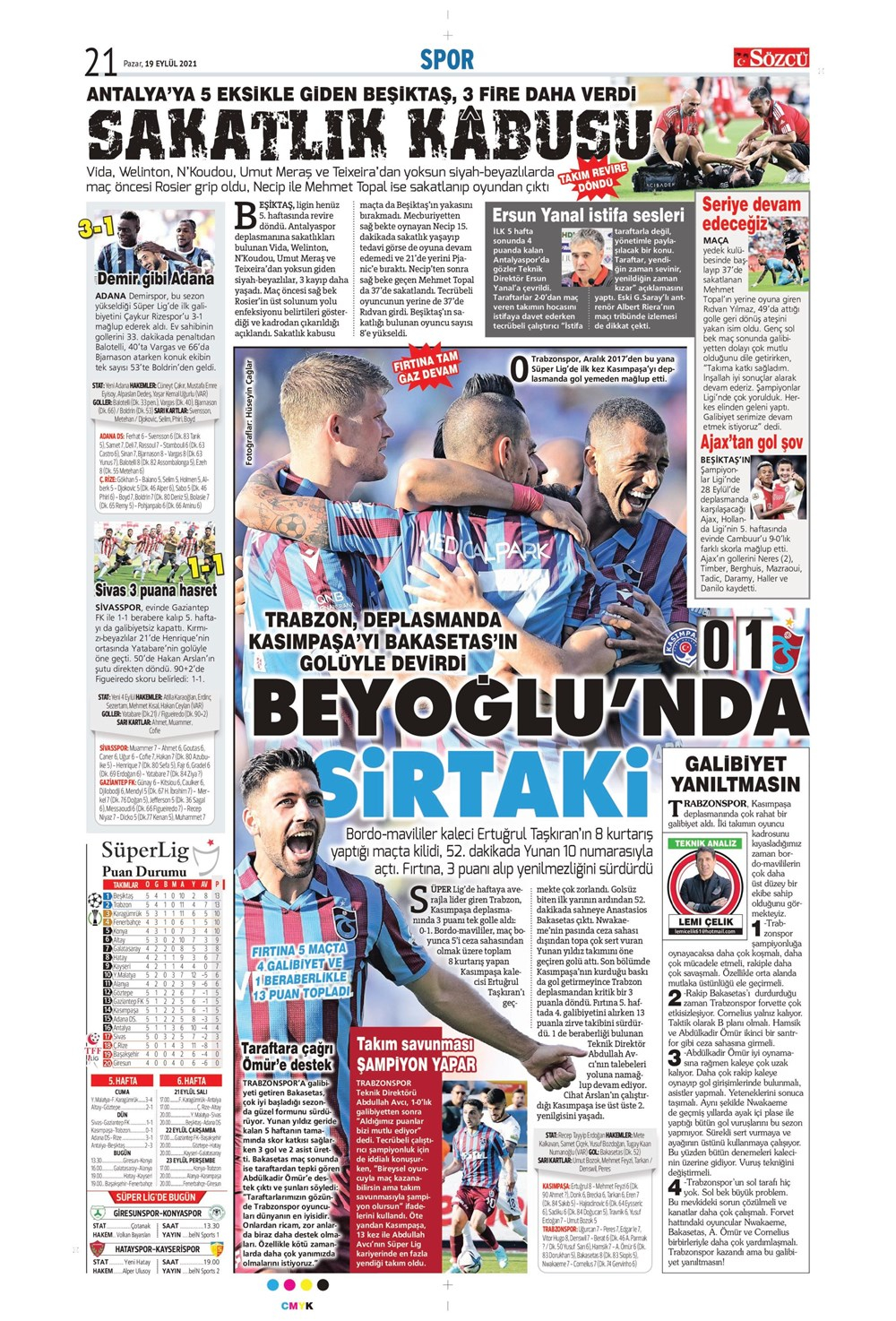 19 Eylül 2021 Pazar günün spor manşetleri | Trabzonspor tek golle güldü, Beşiktaş'tan mucize geri dönüş! 16