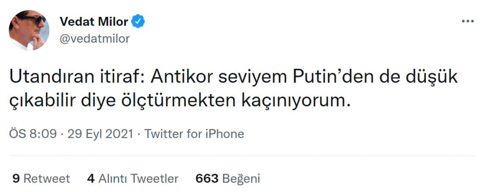 Vedat Milor'dan gülümseten paylaşım: Antikor seviyem Putin’den de düşük çıkabilir diye ölçtürmekten kaçınıyorum 6