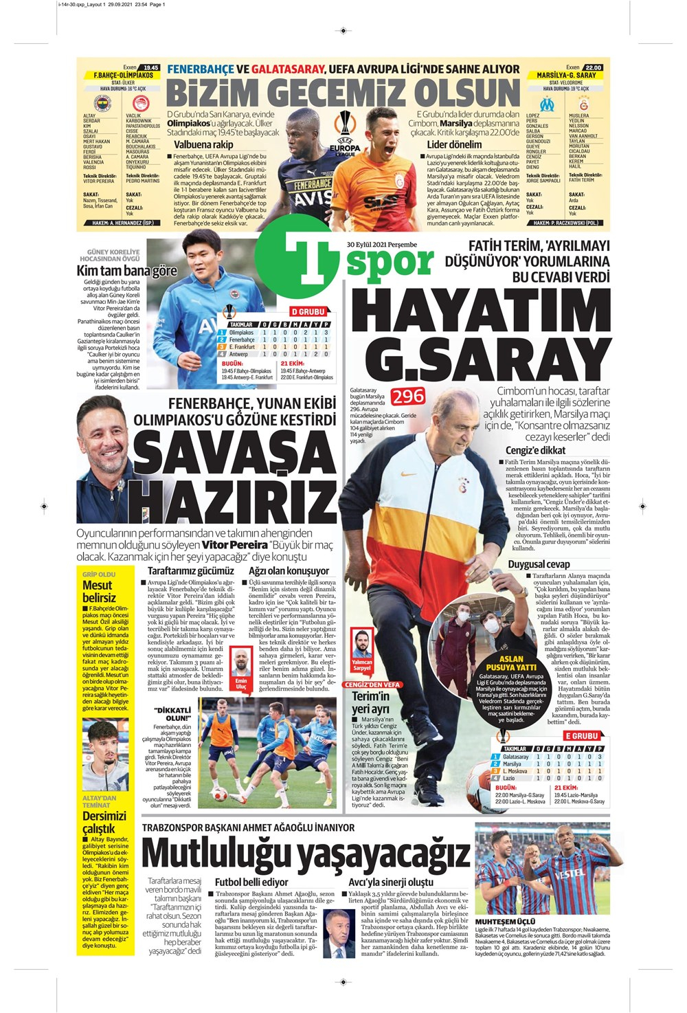 30 Eylül 2021 Perşembe günün spor manşetleri | Galatasaray ve Fenerbahçe Avrupa sahnesinde 24