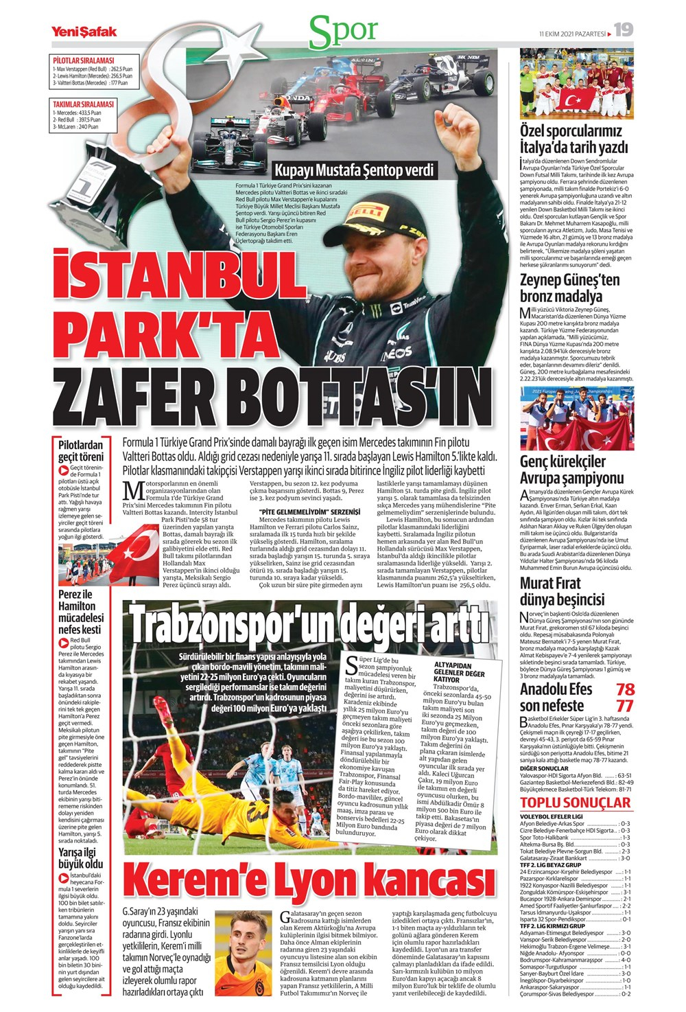 11 Ekim 2021 günün spor manşetleri | İstanbul'da zafer Bottas'ın! 2