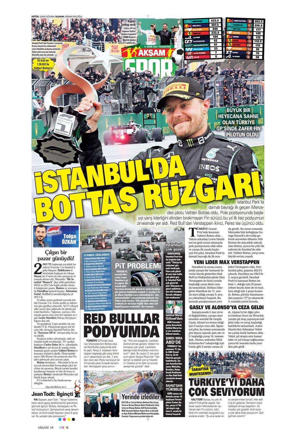 11 Ekim 2021 günün spor manşetleri | İstanbul'da zafer Bottas'ın! 3