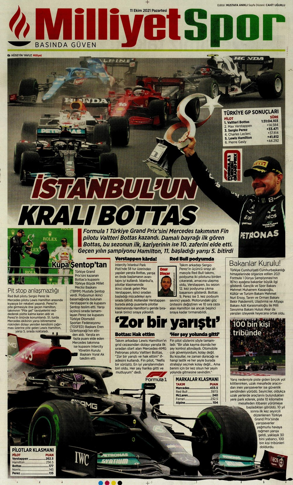 11 Ekim 2021 günün spor manşetleri | İstanbul'da zafer Bottas'ın! 5