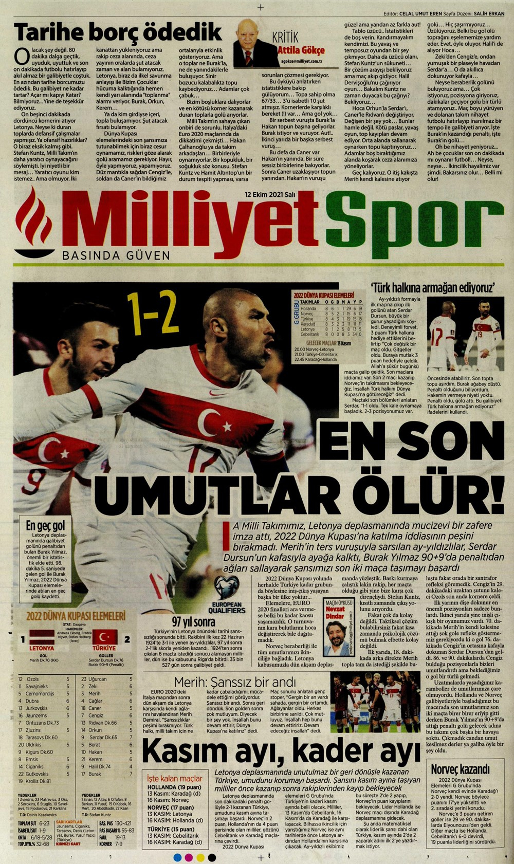 12 Ekim 2021 günün spor manşetleri | Milli takım son dakikada güldü! 15