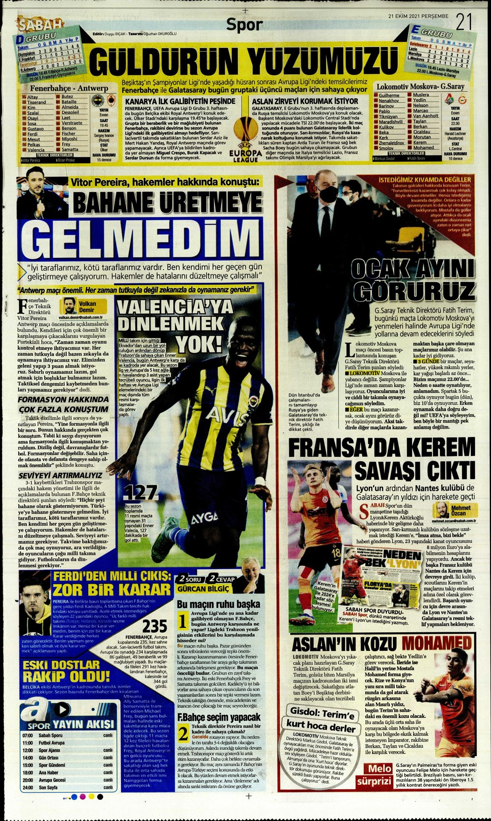 21 Ekim 2021 Perşembe günün spor manşetleri | Fenerbahçe ve Galatasaray'ın Avrupa gecesi! 15