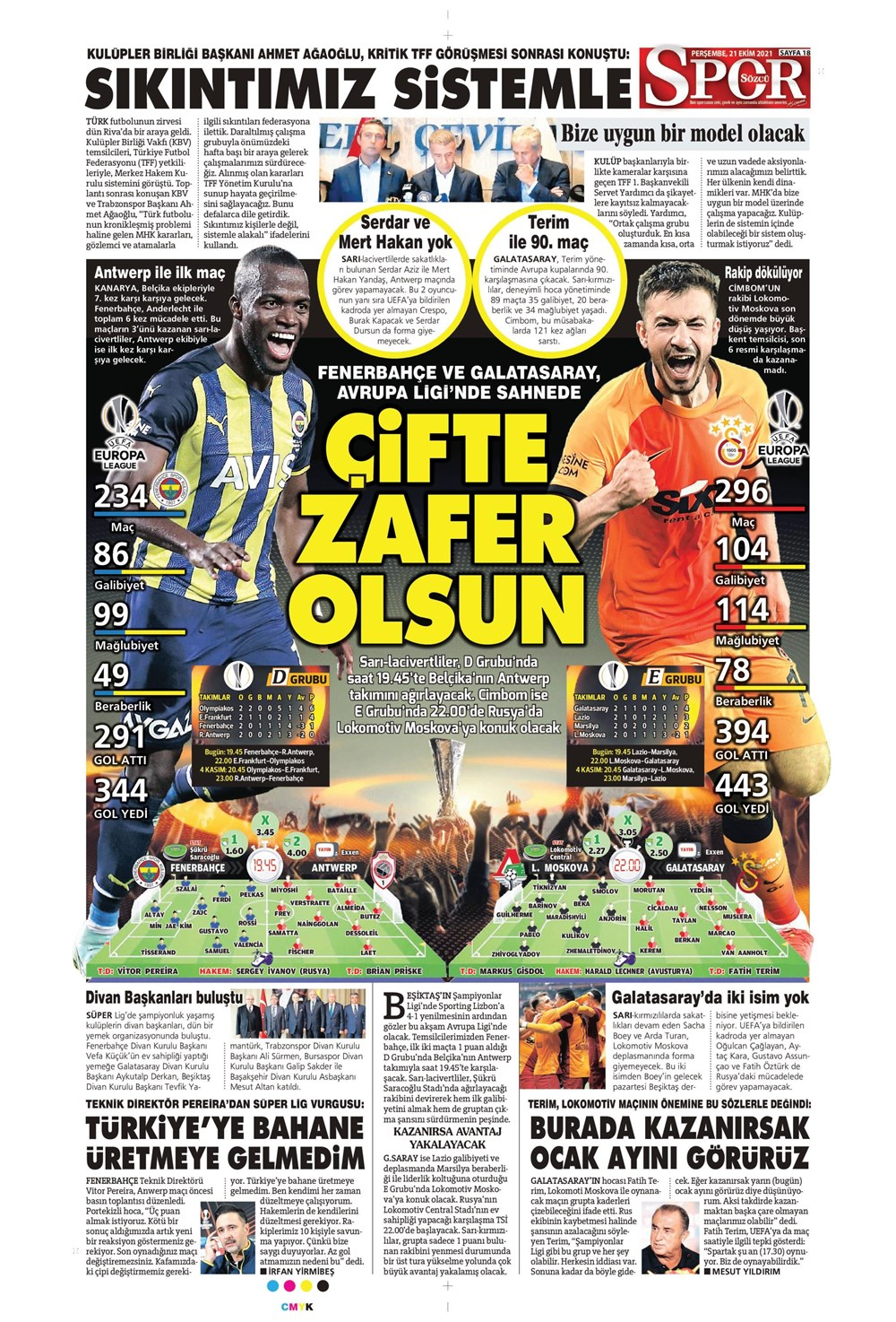 21 Ekim 2021 Perşembe günün spor manşetleri | Fenerbahçe ve Galatasaray'ın Avrupa gecesi! 19