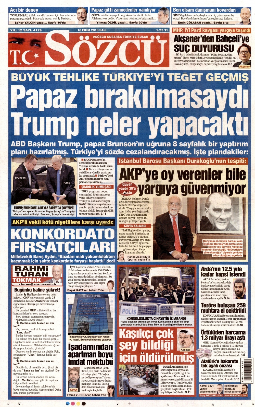 Gazeteler bugün ne yazdı? |16 Ekim 2018 gazete manşetleri 12