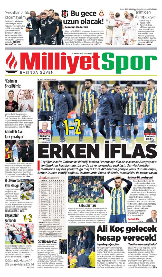 25 Ekim 2021 Pazartesi günün spor manşetleri | Fenerbahçe evinde yıkıldı! 11