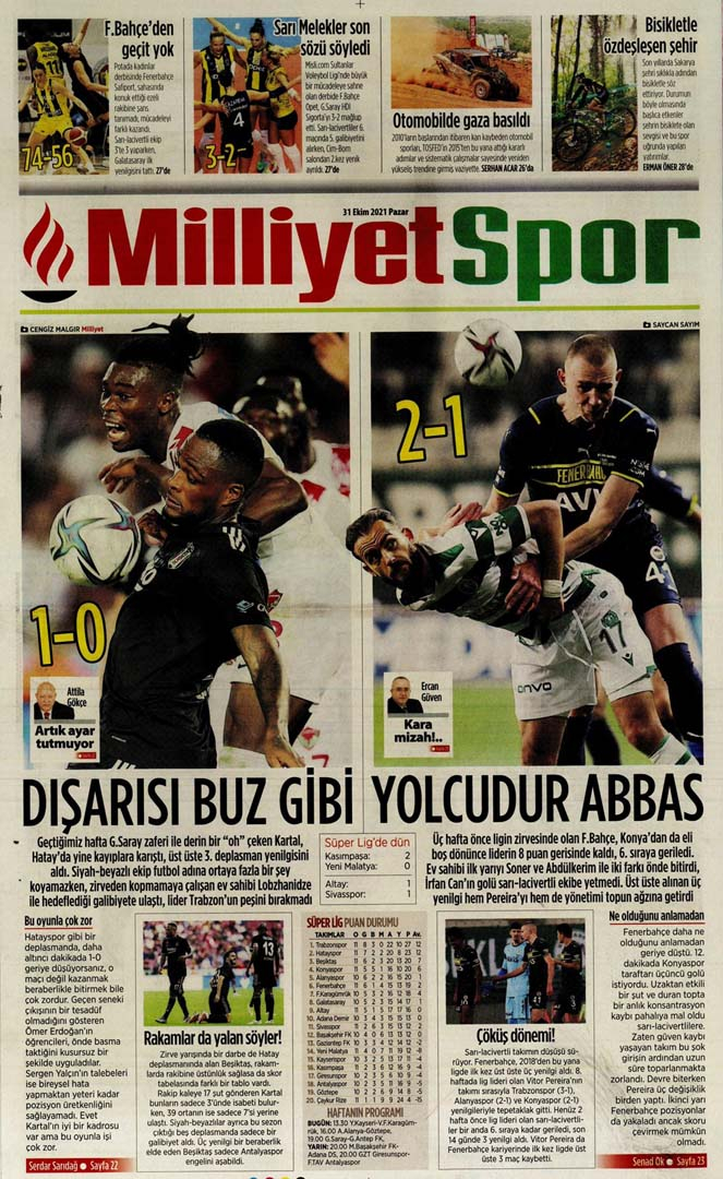 31 Ekim 2021 Pazar günün spor manşetleri | Beşiktaş ve Fenerbahçe için kabus gecesi! 26