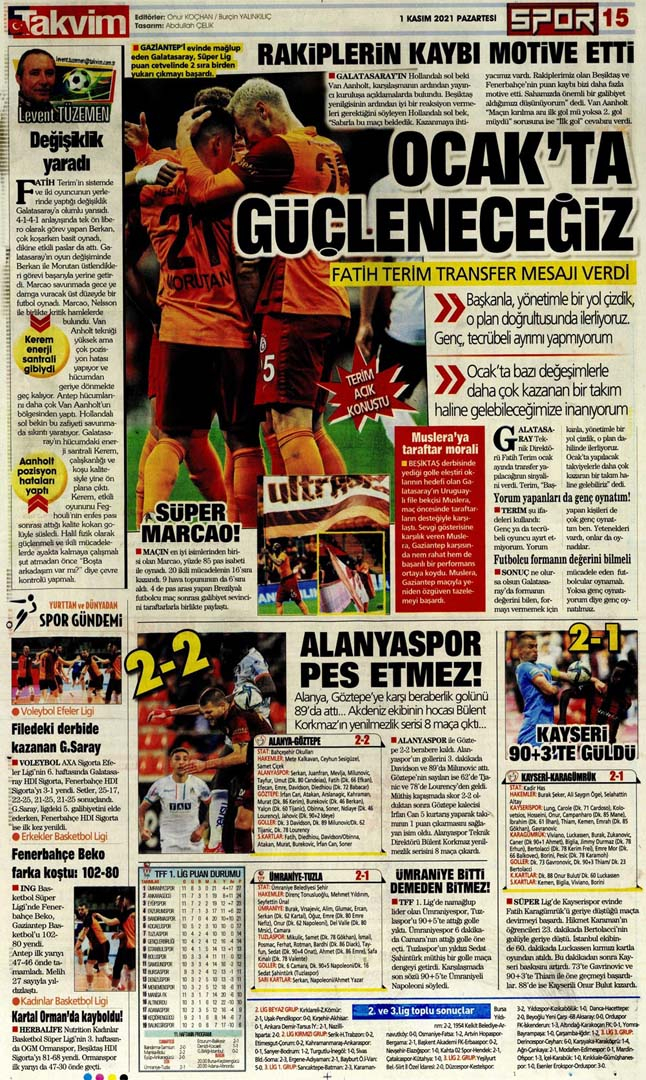 1 Kasım 2021 Pazartesi günün spor manşetleri | Galatasaray vites artırdı! 10