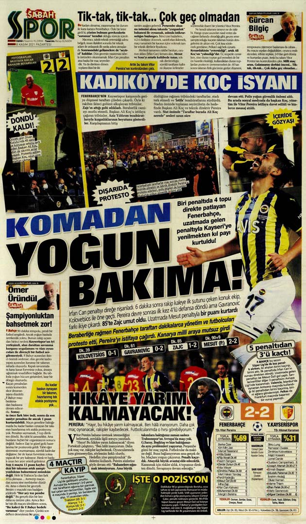 8 Kasım 2021 Pazartesi günün spor manşetleri | Fenerbahçe'de Vitor Pereira direkten döndü! 14