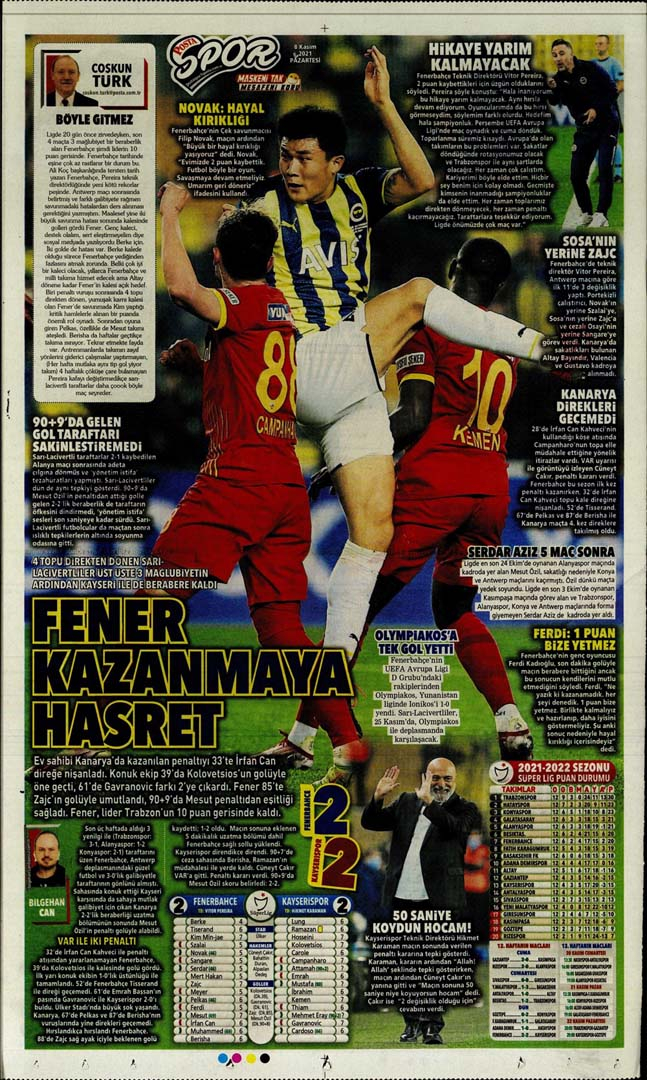 8 Kasım 2021 Pazartesi günün spor manşetleri | Fenerbahçe'de Vitor Pereira direkten döndü! 18