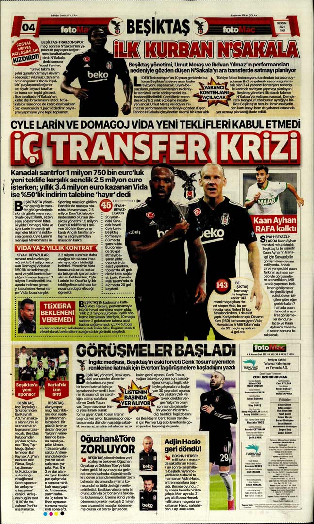 9 Kasım 2021 Salı günün spor manşetleri 12