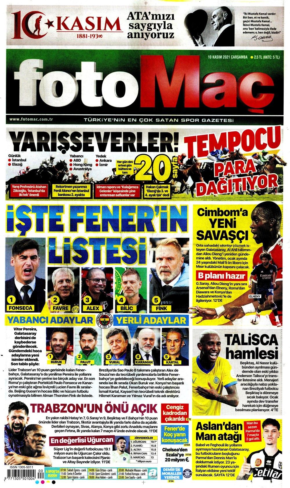 10 Kasım 2021 günün spor manşetleri | Fenerbahçe için 5 teknik direktör adayı! 6