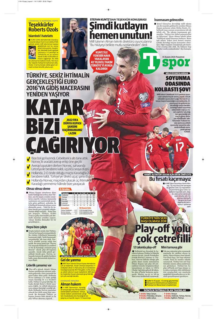 15 Kasım 2021 Pazartesi günün spor manşetleri | Milli takım, Katar'a göz kırptı! 8