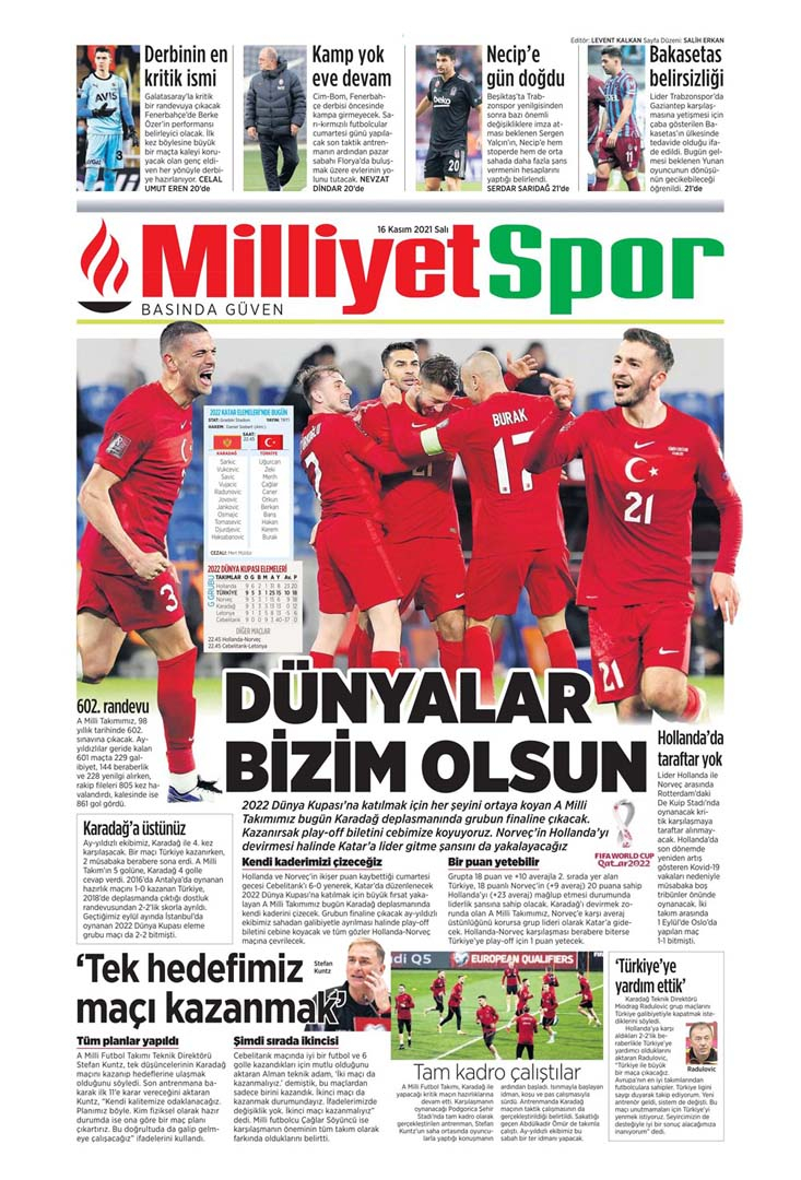 16 Kasım 2021 Salı günün spor manşetleri | Milli takım, kader maçına çıkıyor! 7