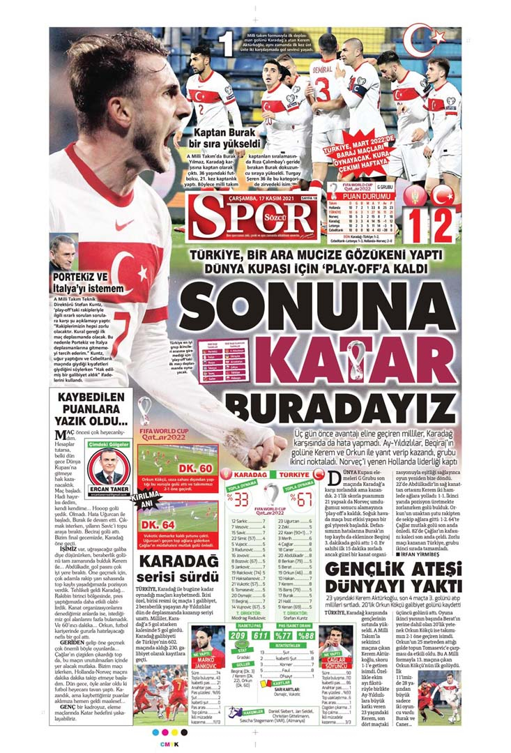 17 Kasım 2021 Çarşamba günün spor manşetleri | Milliler, Karadağ'ı devirip play-off'a çıktı! 17