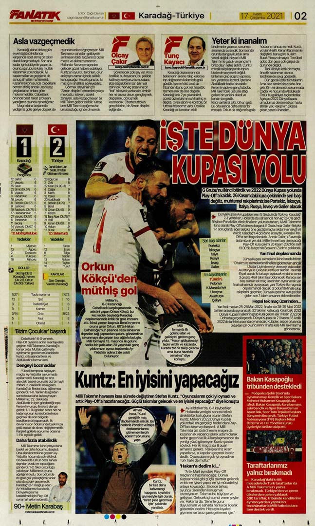 17 Kasım 2021 Çarşamba günün spor manşetleri | Milliler, Karadağ'ı devirip play-off'a çıktı! 23