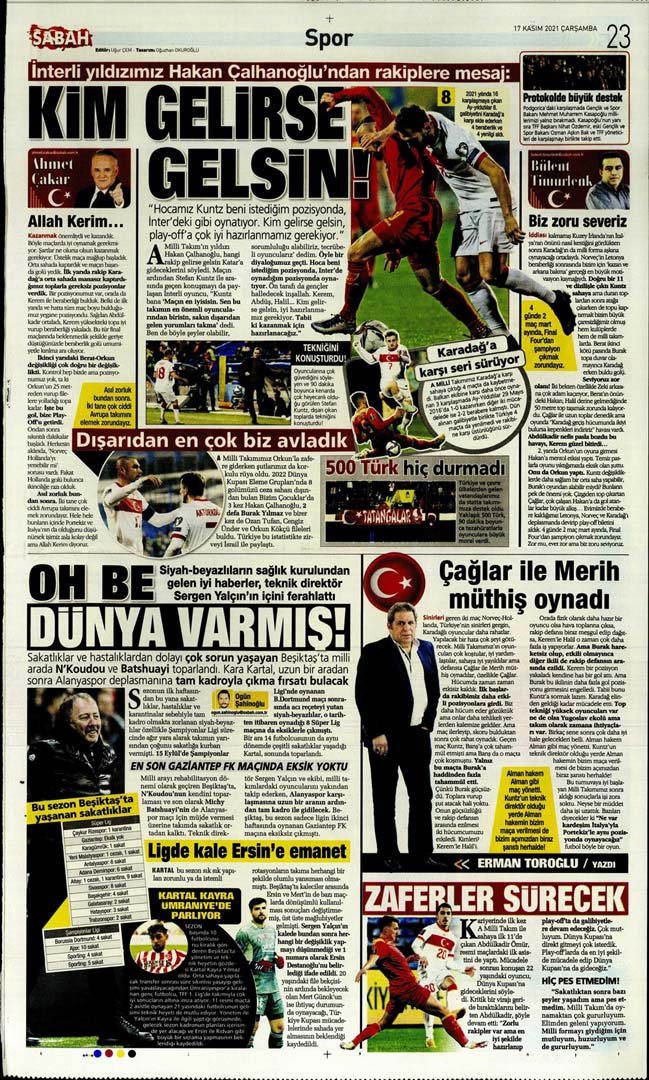 17 Kasım 2021 Çarşamba günün spor manşetleri | Milliler, Karadağ'ı devirip play-off'a çıktı! 6