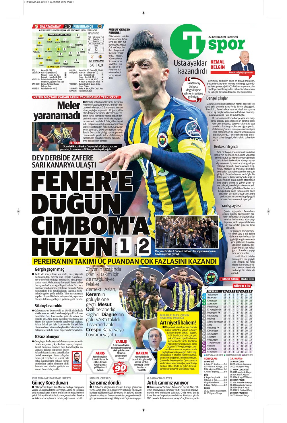 22 Kasım 2021 Pazartesi günün spor manşetleri | Dev derbide gülen taraf Fenerbahçe! 15