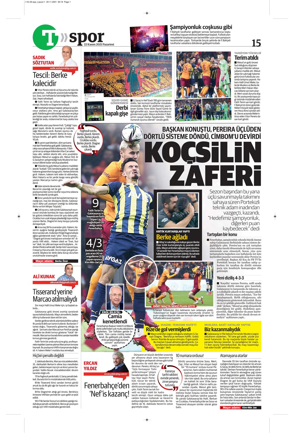 22 Kasım 2021 Pazartesi günün spor manşetleri | Dev derbide gülen taraf Fenerbahçe! 22