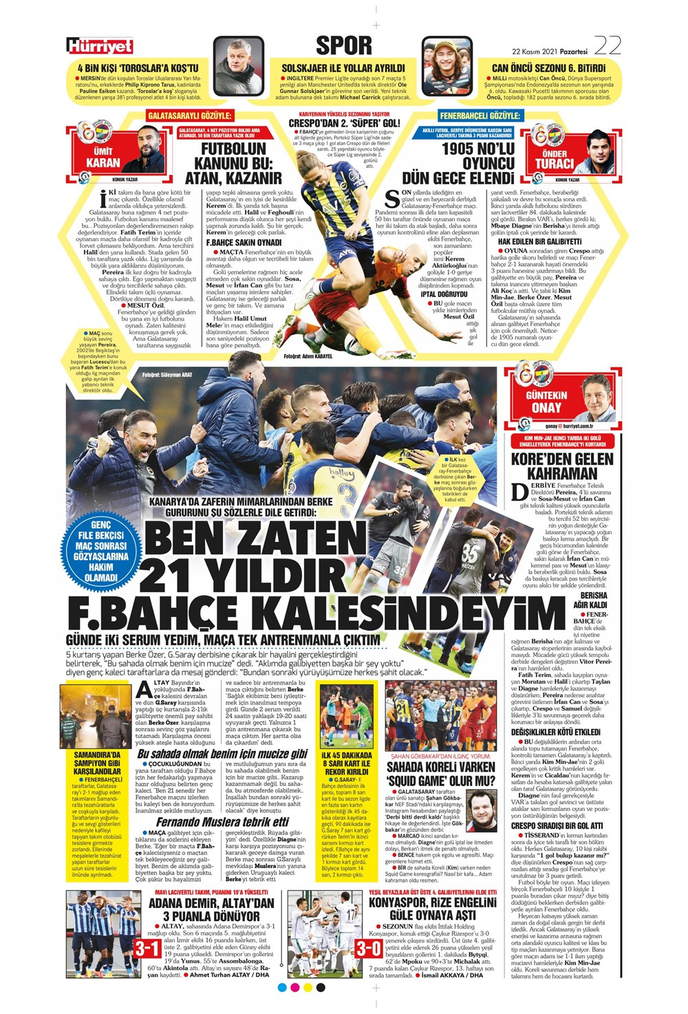 22 Kasım 2021 Pazartesi günün spor manşetleri | Dev derbide gülen taraf Fenerbahçe! 7