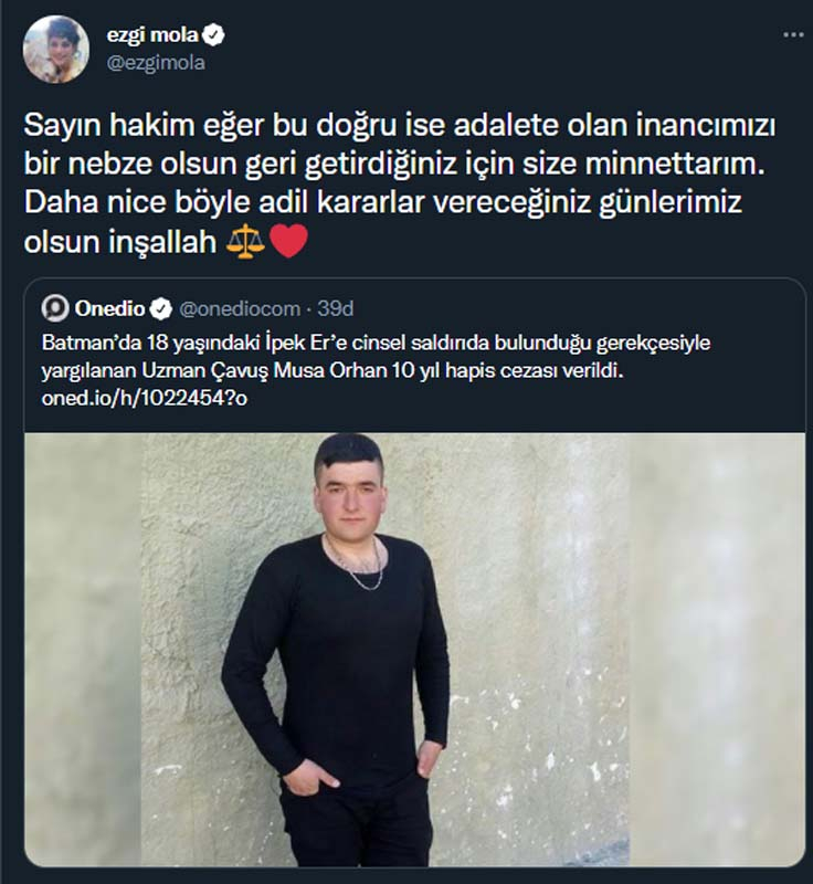 Ezgi Mola, İpek Er'e cinsel saldırıda bulunan Musa Orhan'a verilen ceza hakkında paylaşımda bulundu! Hakaretten davalık olmuştu 7