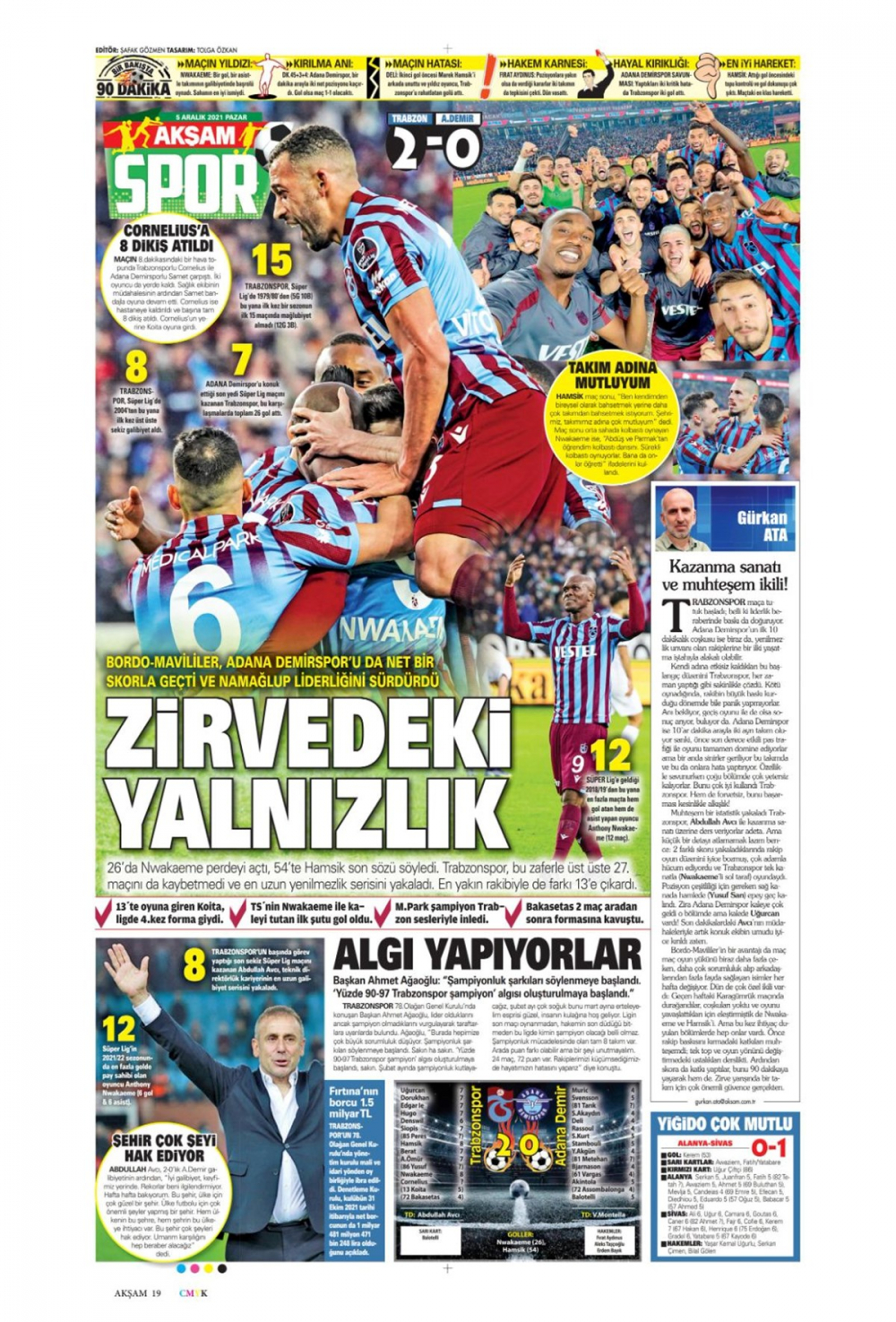 5 Aralık 2021 Pazar günün spor manşetleri | Trabzonspor zirvede yalnız! 9