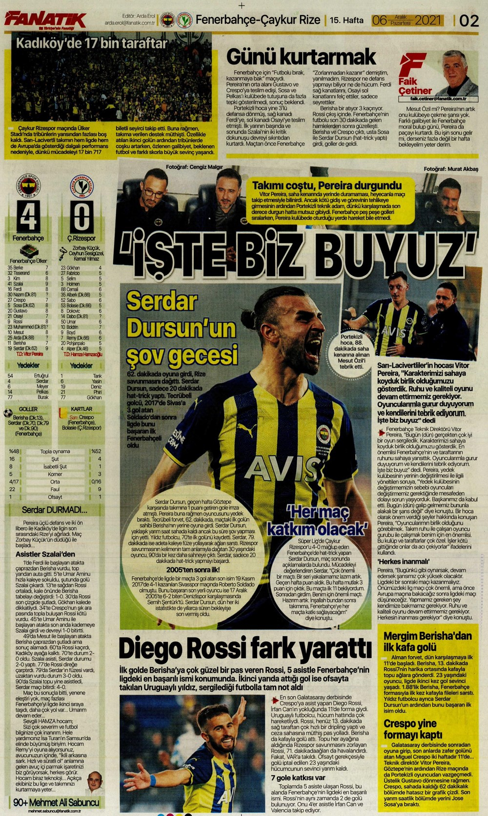 6 Aralık 2021 Pazartesi günün spor manşetleri | Serdar Dursun attı, Fenerbahçe şov yaptı! 11