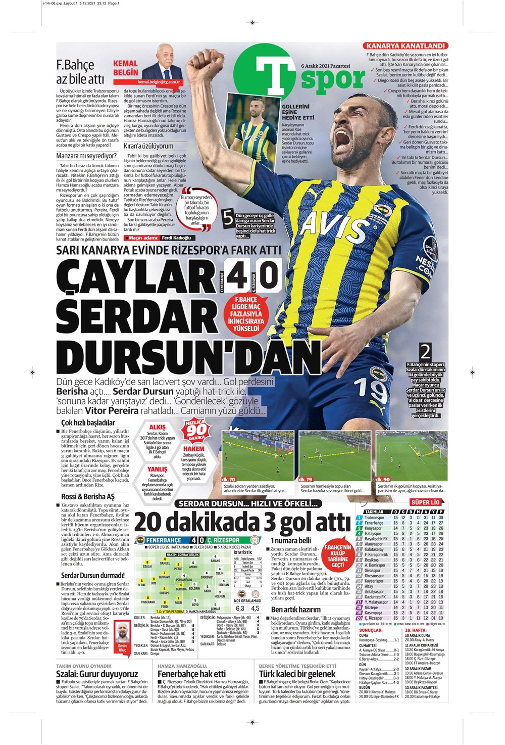 6 Aralık 2021 Pazartesi günün spor manşetleri | Serdar Dursun attı, Fenerbahçe şov yaptı! 20