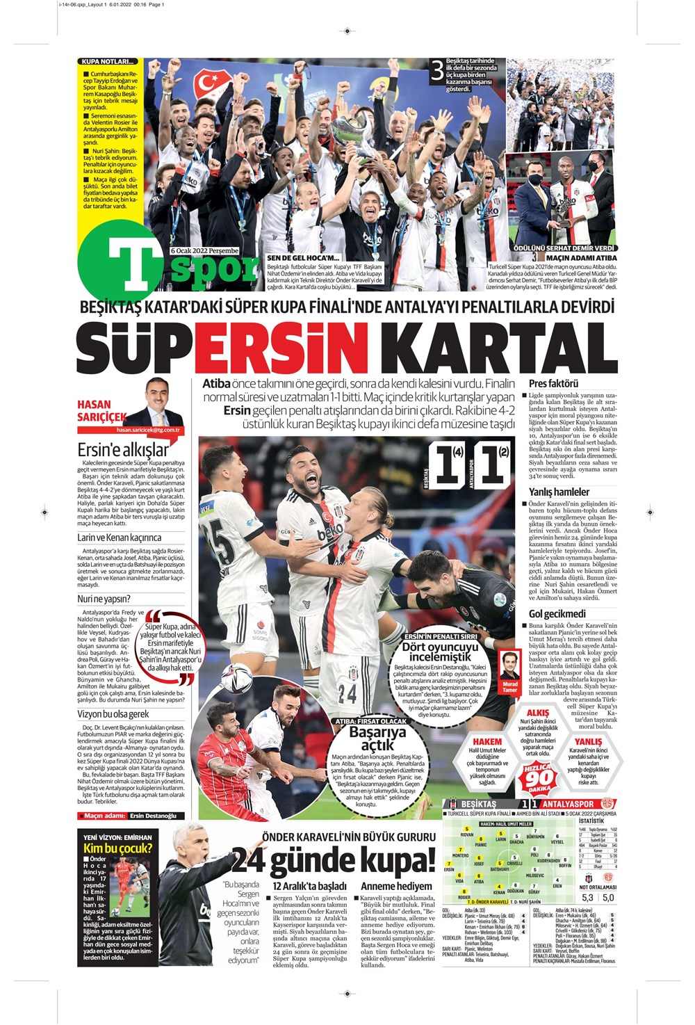 6 Ocak 2022 Perşembe günün spor manşetleri | Beşiktaş, sezonu 3 kupayla tamamladı! 28