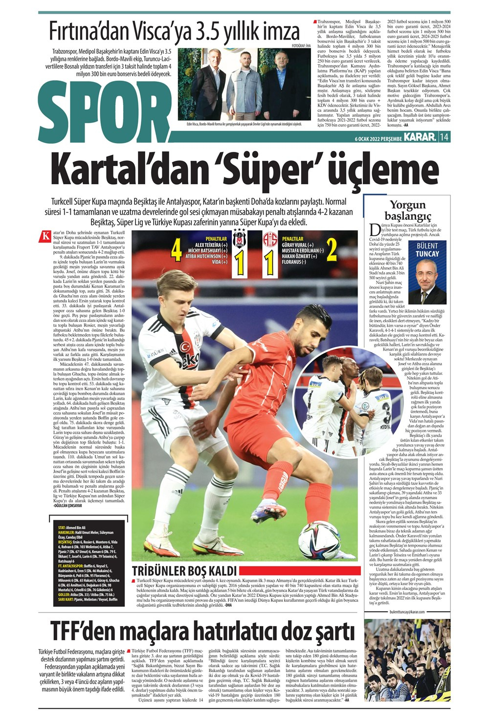 6 Ocak 2022 Perşembe günün spor manşetleri | Beşiktaş, sezonu 3 kupayla tamamladı! 6