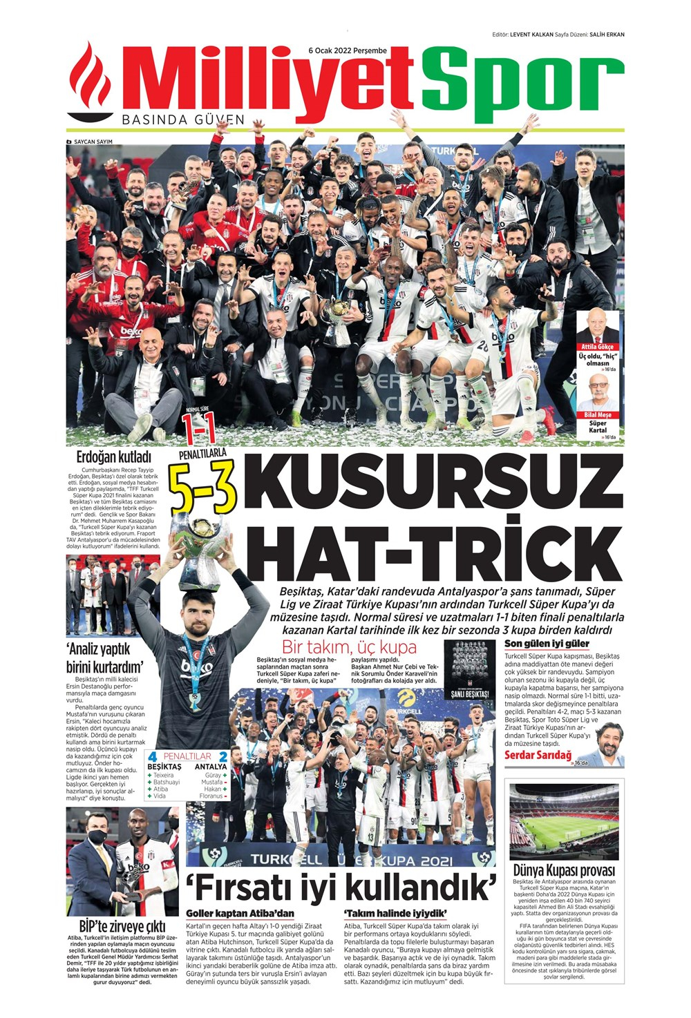 6 Ocak 2022 Perşembe günün spor manşetleri | Beşiktaş, sezonu 3 kupayla tamamladı! 8