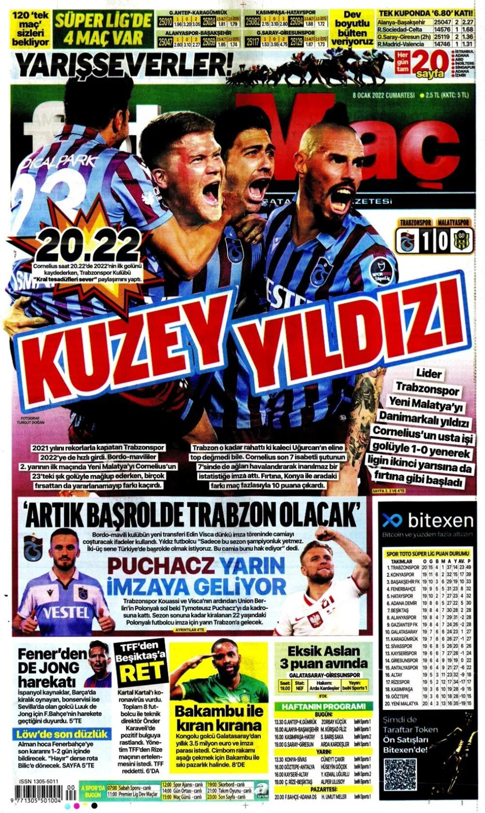 8 Ocak 2022 günün spor manşetleri | Trabzonspor ikinci devreye galibiyetle başladı! 6