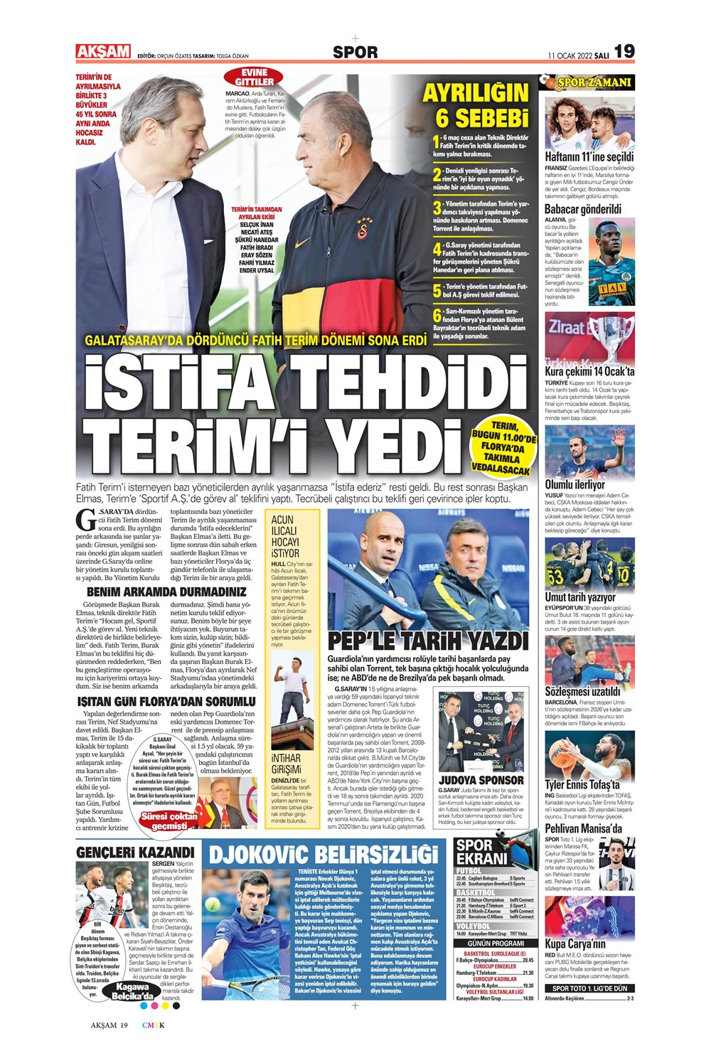 11 Ocak 2022 Salı günün spor manşetleri | Fenerbahçe evinde kayıp! Cimbom'da dördüncü Fatih Terim dönemi sona erdi! 16