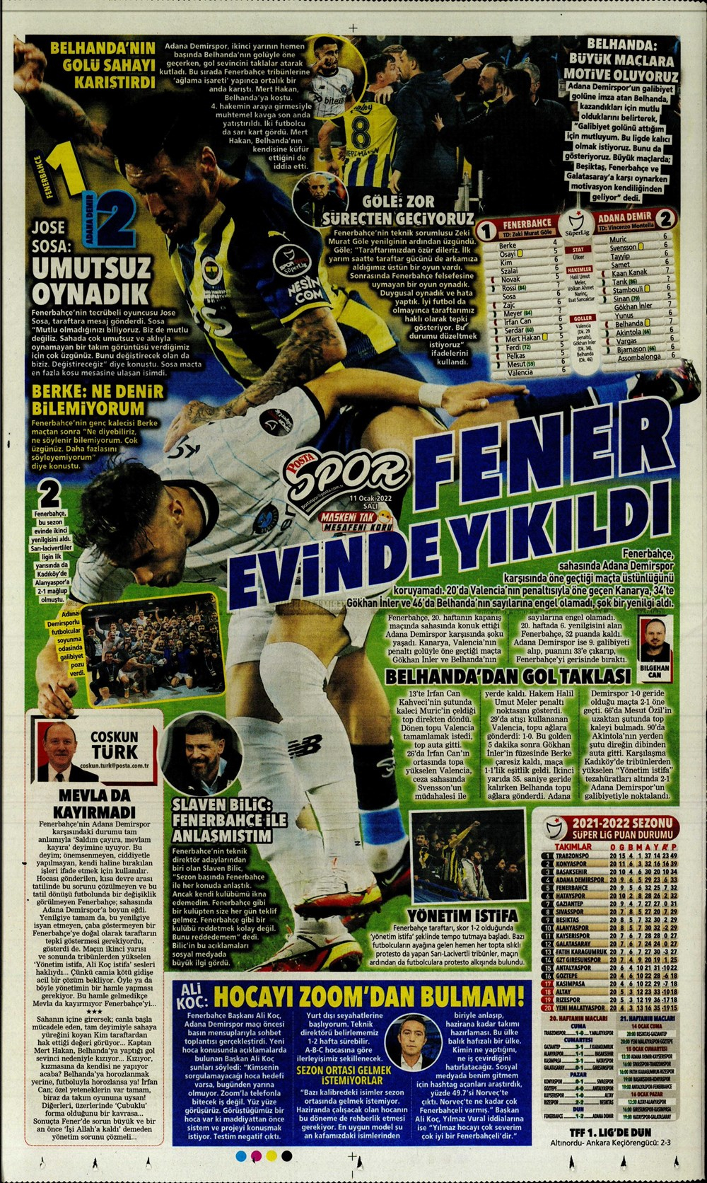 11 Ocak 2022 Salı günün spor manşetleri | Fenerbahçe evinde kayıp! Cimbom'da dördüncü Fatih Terim dönemi sona erdi! 23